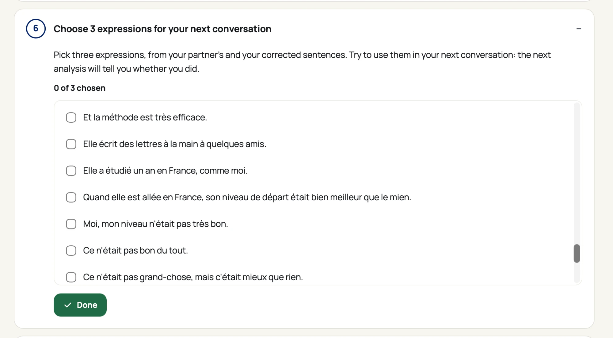 Choose 3 expressions for your next conversation: a list of corrected sentences with checkboxes, 0 of 3 chosen